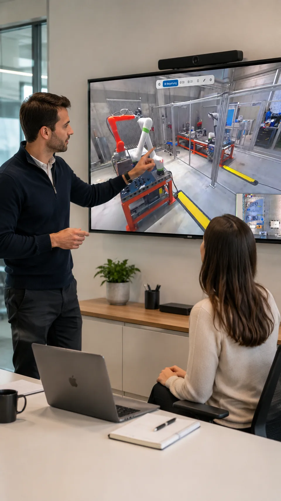Zwei Kollegen besprechen einen virtuellen Fabrikrundgang von siteviewer auf einem Bildschirm, zu sehen ist eine Produktionshalle mit Roboterarm